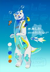 Rule 34 | :3, adoptable, animal focus, antennae, clownfish, color guide, commentary, cupozo, english commentary, fangs, fish, frutiger aero, gradient background, highres, looking at viewer, no humans, orb, original, otter, pawpads, rearing, regal blue tang, see-through body, solo, standing, tail, tropical fish, yellow tang