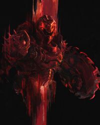 1boy armor black_background black_visor cape doom_(series) doomguy fur_cape gauntlets gun helmet highres holding holding_shield shield shield_saw_(doom) shimhaq shotgun shoulder_armor shoulder_spikes signature simple_background spikes upper_body weapon