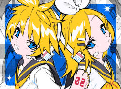 1boy 1girl arm_tattoo black_sailor_collar blonde_hair blue_background blue_eyes bow closed_mouth grin grizzace hair_between_eyes hair_bow hairband headset highres kagamine_len kagamine_rin light_blush medium_hair number_tattoo parted_bangs parted_lips sailor_collar shirt short_hair siblings smile tattoo twins upper_body vocaloid white_bow white_hairband white_shirt