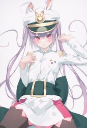 Rule 34 | 1girl, :o, animal ears, back bow, beatmania iidx, belt, belt buckle, bemani, blush, bow, brown pantyhose, buckle, commentary request, dress, ears through headwear, epaulettes, flat chest, green belt, green bow, hands up, hat, highres, kakoto, long hair, long sleeves, looking at viewer, lying, mizushiro celica, on back, open mouth, pantyhose, peaked cap, pink eyes, purple hair, rabbit ears, rabbit girl, solo, twintails, very long hair, white background, white dress, white hat