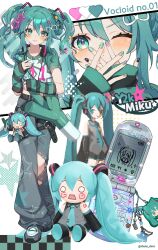 1girl absurdres blush cellphone cellphone_charm character_name charm_(object) closed_mouth color_guide commentary crop_top cropped_shirt flip_phone full_body green_eyes green_hair grey_pants grey_shoes hachune_miku hair_between_eyes hair_ornament hairclip hatsune_miku heart highres long_hair looking_at_viewer multiple_views number_print pants parallel_hairclips phone print_shirt shana_deco shirt shoes short_sleeves simple_background smile sneakers spring_onion standing star_(symbol) star_hair_ornament symbol-only_commentary torn_clothes torn_pants twintails twitter_username vocaloid white_background white_shirt y2k_fashion