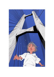 1girl absurdres black_eyes blue_sky border bridge clear_sky from_below grey_hair hair_between_eyes halftone highres open_mouth original outdoors shirt short_hair sky solo suspension_bridge suwa_masahiro sweat tan white_border white_shirt