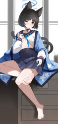 1girl absurdres animal_ears barefoot black_eyes black_hair black_nails blue_archive blue_halo blue_neckerchief blue_skirt breasts cat_ears cat_girl cat_tail closed_mouth feet fengqun halo highres kikyou_(blue_archive) legs looking_at_viewer medium_breasts multiple_tails nail_polish neckerchief school_uniform serafuku short_hair sitting skirt smile soles solo tail toenail_polish toenails toes