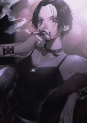 1girl absurdres aegyo_sal bare_shoulders belt_collar black_collar black_hair black_nails black_tank_top bracelet breasts chain chain_earrings chair cigarette cleavage collar collarbone ear_piercing elbow_rest eyelashes fingernails grey_eyes highres holding holding_cigarette jewelry long_fingernails mano_aaa medium_breasts multiple_rings nana_(series) nose on_chair osaki_nana parted_bangs piercing plaid_clothes plaid_skirt planet_necklace punk red_skirt ring short_hair sitting skirt smoke smoke_trail smoking solo spiked_bracelet spiked_collar spikes tank_top upper_body vivienne_westwood