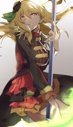 1girl absurdres black_coat blonde_hair coat cowboy_shot fire floating_hair green_fire hair_between_eyes hair_ribbon hand_up highres holding hoshii_miki idolmaster idolmaster_(classic) katsu_(kana) long_hair long_sleeves looking_at_viewer parted_lips red_eyes ribbon skirt solo tears