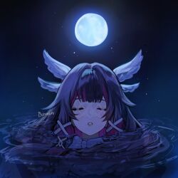 1girl artist_name black_hair bow bunnyoki closed_eyes columbina_(genshin_impact) commentary facing_viewer genshin_impact highres moon multicolored_hair parted_lips partially_submerged purple_hair signature solo streaked_hair white_bow