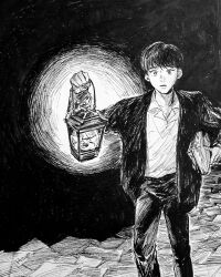 1boy artist_name book choppy_bangs collared_shirt commentary_request greyscale highres holding holding_book holding_lantern hoooom88 jacket korean_commentary lantern looking_at_viewer monochrome open_clothes open_jacket original pants parted_lips shirt short_hair solo standing surprised