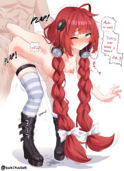 1girl ahoge black_boots blush boots braid commentary english_text green_eyes highres kukiyuusha long_hair motion_lines nude one_eye_closed red_hair sex sex_from_behind simple_background single_thighhigh solo solo_focus standing standing_sex striped_clothes striped_thighhighs thighhighs twin_braids ukinami_yuzuha very_long_hair white_background wince zenless_zone_zero