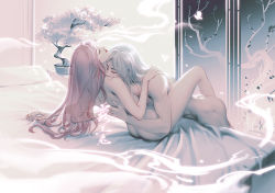 1boy 1girl ass bed black_hair bonsai breasts character_request closed_eyes cony_(comicsun) drawer folding_fan from_behind hand_fan long_hair nude pillow pink_hair sitting smoke translucent_hair yiren_zhixia
