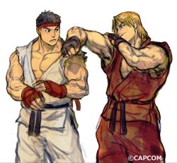 Rule 34 | 2boys, arm up, artist request, bare pectorals, bare shoulders, black gloves, blonde hair, brown eyes, brown hair, closed mouth, collarbone, commentary request, curtained hair, dougi, eye contact, fingerless gloves, gloves, hand on own arm, headband, ken masters, looking at another, lower teeth only, male focus, multiple boys, muscular, muscular male, open mouth, pants, pectorals, red dougi, red gloves, red headband, red pants, ryu (street fighter), second-party source, short hair, simple background, sleeveless, standing, street fighter, teeth, white background, white pants