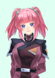 Rule 34 | 1girl, agnes giebenrath, arm behind back, belt, black belt, blue background, blue eyes, breasts, commentary request, eyeshadow, gundam, gundam seed, gundam seed freedom, haino hatarou, head tilt, highres, jacket, looking at viewer, makeup, medium breasts, pink eyeshadow, red hair, red jacket, smile, solo, twintails, upper body