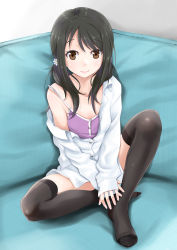 10s 1girl bad_id bad_pixiv_id black_hair black_thighhighs brown_eyes camisole chou_(meteorite3) clothes_pull feet female_focus hands_on_feet idolmaster idolmaster_cinderella_girls long_hair looking_at_viewer nakano_yuka no_shoes off_shoulder shiny_skin shirt shirt_pull shirt_slip sitting smile solo strap_slip thighhighs twintails white_shirt