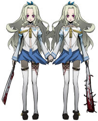 2girls baseball_bat belt blood bloody_weapon choker chuuou_higashiguchi flat_chest floating_hair full_body green_hair hairband highres holding holding_hands holding_weapon long_hair looking_at_viewer miniskirt multiple_girls nail nail_(hardware) nail_bat navel original purple_eyes shirt siblings sisters skirt smile straight-on thigh_belt thigh_strap thighhighs twins weapon white_thighhighs
