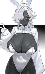 1girl absurdres animal_ears black_eyes black_skin bow bowtie breasts closed_mouth collared_shrug colored_skin covered_navel cowboy_shot fake_animal_ears gloves hair_over_one_eye hand_up highres large_breasts leotard long_hair long_sleeves looking_at_viewer original playboy_bunny ponytail rabbit_ears shenqi_xiaohuang shrug_(clothing) solo v white_gloves white_hair white_leotard