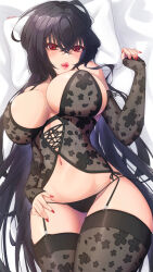 1girl absurdres ahoge azur_lane black_hair breasts detached_sleeves garter_straps hair_between_eyes head_on_pillow highres large_breasts lingerie long_hair pillow red_eyes red_nails rein_akane solo taihou_(azur_lane) thighhighs underwear very_long_hair white_background