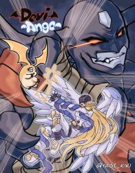 Rule 34 | angel, angemon, blonde hair, blue eyes, bodysuit, colored skin, covered eyes, demon, devimon, digimon, digimon (creature), digimon adventure, grey skin, helmet, helmet over eyes, highres, long hair, patamon, red eyes, white bodysuit, white wings, wings, yagi kiki