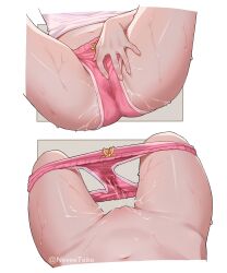 1girl absurdres commentary fatal_fury female_masturbation highres masturbation navel nevee pink_shirt pink_shorts pussy pussy_juice pussy_juice_trail shiranui_mai shirt shorts shorts_lift solo_focus spread_legs stomach thighs twitter_username white_background