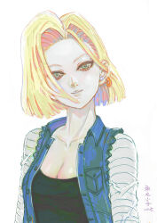 Rule 34 | 1girl, 2025, alexsiao, android 18, blonde hair, breasts, cleavage, commentary, denim vest, dragon ball, earrings, highres, jewelry, long sleeves, short hair, simple background, solo, white background