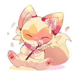 Rule 34 | :3, alternate color, blush, cherry blossoms, closed eyes, closed mouth, commentary, highres, nintendo, no humans, pokemon, pokemon (creature), smile, solo, sprigatito, yupo 0322