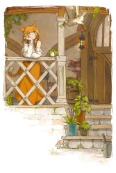 1girl absurdres animal_ears arm_rest bandaid bandaid_on_cheek bandaid_on_face bird border braid brick_wall bucket cat_ears cat_girl cat_tail cheek_press chinese_commentary commentary_request day door elbow_rest falcon final_fantasy final_fantasy_xiv green_eyes highres lamp leaf leaning long_hair long_skirt miqo&#039;te orange_hair orange_skirt plant potted_plant shirt skirt solo stairs tail twin_braids warrior_of_light_(ff14) white_border white_shirt yuzaiii
