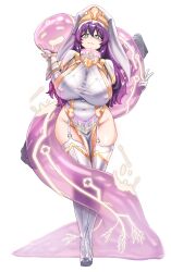 1girl absurdres boots breasts coif commission covered_erect_nipples covered_navel cross full_body garter_straps goddess_of_victory:_nikke green_eyes haron highres large_breasts looking_at_viewer no_panties nun original pelvic_curtain pink_pupils purple_hair revealing_clothes sideboob slime_(creature) slime_(substance) smile solo thigh_boots thighhighs veil