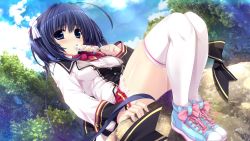 1girl blue_eyes blue_hair blush day eating female_focus food from_below game_cg highres holding holding_food kokorone=pendulum! long_hair long_sleeves official_art oshiki_hitoshi outdoors popsicle shoes sitting skirt sneakers solo tatenokawa_tsumuri thighhighs white_thighhighs