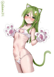 1girl animal_cutout animal_ear_fluff animal_ears animal_hands bare_shoulders blush bra breasts cat_cutout cat_ear_panties cat_ears cat_girl cat_lingerie cat_tail cleavage cleavage_cutout clenched_teeth clothing_cutout commentary_request crescent crescent_hair_ornament ebifurya gloves green_eyes green_hair hair_between_eyes hair_ornament highres kantai_collection long_hair looking_at_viewer meme_attire nagatsuki_(kancolle) open_mouth panties paw_gloves skinny small_breasts solo sweat tail teeth underwear underwear_only white_bra white_panties