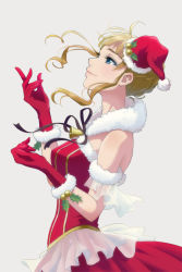 Rule 34 | 1girl, beatrice (umineko), bell, blonde hair, blue eyes, christmas, dress, female focus, fur trim, gloves, hair bun, hat, holly, mini hat, mini santa hat, profile, red gloves, ribbon, santa costume, santa hat, single hair bun, smile, solo, umineko no naku koro ni, yachiwo