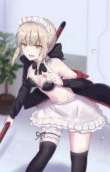 1girl absurdres apron artoria_pendragon_(fate) bare_shoulders bikini black_thighhighs blonde_hair blush breasts eyebrows_hidden_by_hair fate/grand_order fate_(series) hair_between_eyes highres holding holding_mop indoors leg_belt looking_at_viewer maid maid_apron maid_bikini maid_headdress mop open_mouth ribbon saber_alter saber_alter_(swimsuit_rider) saber_alter_(swimsuit_rider)_(second_ascension) sii_artatm smile solo stomach swimsuit thighhighs unconventional_maid yellow_eyes