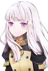 1girl :&lt; buttons closed_mouth commentary_request fire_emblem fire_emblem:_three_houses floating_hair garreg_mach_monastery_uniform highres long_hair long_sleeves looking_at_viewer lysithea_von_ordelia minatsuki_yurara nintendo puffy_sleeves purple_eyes simple_background solo white_background white_hair