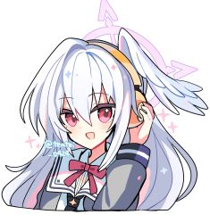 1girl :d black_necktie blue_archive blush bow bowtie commentary cropped_torso dot_nose grey_shirt hair_between_eyes halo hand_up headphones highres long_hair long_sleeves looking_at_viewer necktie open_mouth purple_halo red_bow red_bowtie red_eyes sailor_collar shirocha_tei shirt simple_background smile solo suzumi_(blue_archive) twitter_username white_background white_hair white_sailor_collar