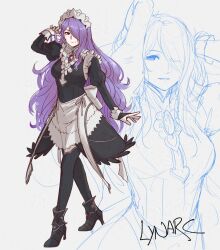 1girl alternate_costume apron black_dress black_thighhighs breasts bridal_gauntlets brooch camilla_(fire_emblem) closed_mouth commentary cosplay dress english_commentary enmaided felicia_(fire_emblem) felicia_(fire_emblem)_(cosplay) fire_emblem fire_emblem_fates full_body hair_over_one_eye high_heels highres jewelry juliet_sleeves long_hair long_sleeves looking_at_viewer lynarc maid maid_headdress medium_breasts nintendo one_eye_covered puffy_sleeves purple_eyes purple_hair signature smile solo thighhighs very_long_hair waist_apron wavy_hair white_apron white_background
