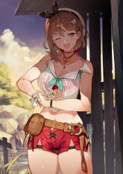 Rule 34 | breasts, brown eyes, brown hair, character request, copyright request, large breasts, navel, one eye closed, ormille, shorts, wink