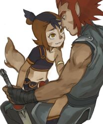 1boy 1girl feason lion-o midriff multicolored_hair navel red_hair tagme tail thundercats wilykit