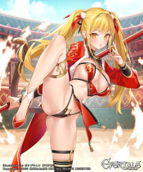 1girl black_panties black_thighhighs blonde_hair character_request circlet evertale fighting_stance fire holding holding_staff jacket jewelry journey_to_the_west leg_up long_hair monkey_girl monkey_tail open_clothes open_jacket open_mouth panties pelvic_curtain popqn red_footwear single_thighhigh skindentation staff sun_wukong tail thighhighs thighlet underwear