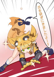 +_+ 1girl :d absurdres animal_ear_fluff animal_ears black_gloves commentary emphasis_lines facing_viewer fake_claws fang full_body gloves highres jacket ju_fufu looking_at_viewer open_mouth ototottoto ribbon shoes sidelocks simple_background smile socks solo sparkle speech_bubble tail tail_ornament tail_ribbon tiger_ears tiger_girl tiger_stripes tiger_tail top-down_bottom-up translated yellow_jacket zenless_zone_zero