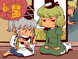 Rule 34 | 3girls, barefoot, black eyes, black hat, blue skirt, box, brown hair, commentary request, dress, earmuffs, full body, ghost tail, gift, gift box, green dress, green hair, hat, indoors, japanese clothes, juliet sleeves, kariginu, long dress, long sleeves, looking at another, mononobe no futo, multiple girls, no mouth, onikobe rin, open mouth, puffy sleeves, ribbon-trimmed sleeves, ribbon trim, robe, short hair, shouji, skirt, sliding doors, smile, soga no tojiko, tate eboshi, touhou, toyosatomimi no miko, unamused, white robe