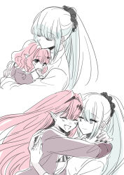 021_5_and_f09 2girls aged_down baobhan_sith_(fate) breasts closed_eyes fang fate/grand_order fate_(series) highres hug morgan_le_fay_(fate) mother_and_daughter multiple_girls multiple_views open_mouth pink_hair ponytail short_hair sidelocks smile white_hair