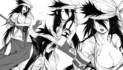 Rule 34 | 1girl, absurdres, amputee, arm tattoo, bandaged arm, bandaged head, bandaged leg, bandages, bare shoulders, black hair, bleach, blush, border, breasts, cleavage, collarbone, commentary, fingerless gloves, from side, frown, gloves, greyscale, halterneck, highres, holding, holding behind back, holding smoking pipe, holding sword, holding sword behind back, holding weapon, holding weapon behind back, jesse schickler, jitome, large breasts, long hair, looking at viewer, monochrome, multiple views, open mouth, profile, sanpaku, serious, shiba kuukaku, shirt, simple background, skirt, smoking pipe, spiked hair, standing, sword, tattoo, teeth, tsurime, upper body, weapon, white background