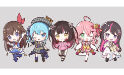 Rule 34 | 0th generation (hololive), :d, ;d, ahoge, aobahosino, arm up, asymmetrical legwear, azki (hololive), bell, black gloves, black shoes, black thighhighs, blue eyes, blue hair, blue shoes, blue skirt, blue socks, blue thighhighs, blue vest, blush, brown hair, closed mouth, collared shirt, commentary, crown, double v, drawstring, full body, gloves, green eyes, grey background, grey hat, grey shirt, grey skirt, hair bell, hair ornament, hair ribbon, hand on own chest, hand up, hat, highres, hololive, hood, hood down, hoodie, hoshimachi suisei, index finger raised, japanese clothes, kimono, letterboxed, long hair, long sleeves, looking at viewer, mismatched legwear, multicolored hair, navel, neck ribbon, one eye closed, open clothes, open mouth, open vest, outstretched arm, pants, partially fingerless gloves, pink hair, pink hoodie, pink skirt, plaid clothes, plaid hat, plaid shirt, plaid skirt, pleated skirt, purple eyes, red gloves, red ribbon, red sandals, red streaks, ribbon, ribbon-trimmed thighhighs, ribbon trim, roboco-san, sakura miko, sandals, shirt, shoes, short hair, simple background, single sock, single thighhigh, skirt, smile, socks, standing, star (symbol), star hair ornament, streaked hair, thighhighs, tokino sora, uneven legwear, v, vest, virtual youtuber, white kimono, white pants, white shirt, white streaks, white thighhighs, wide sleeves, yellow eyes