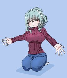 1girl alternate_costume alternate_hairstyle blue_background blush breasts closed_eyes dalidari27 denim female_focus full_body green_hair hair_intakes highres jeans kimi_no_koto_ga_dai_dai_dai_dai_daisuki_na_100-nin_no_kanojo kneeling large_breasts nemui_nemu outstretched_arms pants ponytail reaching reaching_towards_viewer red_sweater ribbed_sweater seiza sidelocks simple_background sitting smile socks solo split_mouth sweater turtleneck turtleneck_sweater wavy_hair white_socks