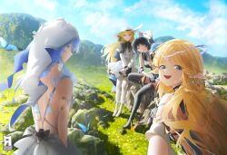4girls abby_(wuthering_waves) armlet artist_logo bare_shoulders black_boots black_bow black_flower black_hair black_thighhighs blake_bloom_(wuthering_waves) blonde_hair blue_eyes blue_hair blue_sky boots bow cartethyia_(wuthering_waves) commentary crown_of_thorns cryne day dress earrings english_commentary flower hair_bow hat highres jewelry logo long_hair long_sleeves looking_at_viewer multiple_girls open_mouth outdoors pantyhose phoebe_(wuthering_waves) pointy_ears shirt shorekeeper_(wuthering_waves) skirt sky sleeveless sleeveless_dress smile striped_bow thigh_boots thighhighs thighhighs_under_boots thighs veil white_hat white_pantyhose white_shirt white_skirt white_veil wuthering_waves yellow_eyes