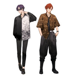 2boys aho_no_sakata black_boots black_necktie black_pants black_shirt black_shoes boots brown_hair brown_shoes collared_shirt commentary_request dress_shirt hair_between_eyes hand_in_pocket hand_up long_sleeves male_focus multiple_boys necktie no_socks nozaki_tsubata pants puffy_long_sleeves puffy_sleeves purple_eyes purple_hair red_eyes shima_(utaite) shirt shoes short_sleeves simple_background sunglasses urashimasakatasen white_background white_shirt