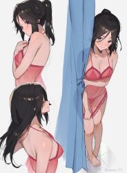 1girl absurdres arm_under_breasts babydoll bare_shoulders barefoot black_hair blue_eyes blush bra breasts cleavage closed_mouth collarbone curtains embarrassed halterneck hibike!_euphonium highres kasaki_nozomi lace lace-trimmed_babydoll lace_trim lingerie liz_to_aoi_tori long_hair multiple_views panties ponytail red_babydoll red_bra red_panties see-through_babydoll see-through_clothes shirt_tug smile sooon standing thong underwear