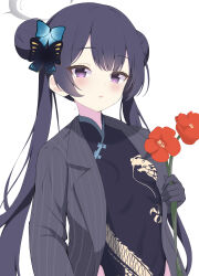 1girl absurdres black_dress blue_archive blue_bow blush bow breasts china_dress chinese_clothes commentary_request covered_navel double_bun dress flower grey_halo grey_jacket hair_bow hair_bun hair_flaps halo highres holding holding_flower jacket kisaki_(blue_archive) kurumi_kororin open_clothes open_jacket parted_lips print_dress purple_eyes purple_hair red_flower sidelocks small_breasts solo suit_jacket twintails white_background