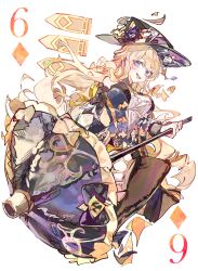 1girl absurdres black_boots black_hat blonde_hair blue_eyes boots cocoballking detached_sleeves dress floating_hair genshin_impact gold_thighlet hat highres holding holding_umbrella long_hair long_sleeves looking_at_viewer navia_(genshin_impact) open_mouth simple_background smile solo thigh_boots umbrella white_background