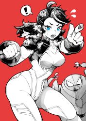 1girl absurdres angry blue_eyes blush bodysuit highres looking_at_viewer marvel mecha mecha_pilot_suit peni_parker robot short_hair simple_background solo sp//dr spider-man:_into_the_spider-verse spider-man_(series) spider-verse twintails yotsumi_shiro