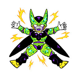 1boy black_skin black_wings cell_(dragon_ball) colored_skin colored_tongue constricted_pupils dragon_ball dragonball_z facing_viewer fangs full_body green_skin highres looking_at_viewer male_focus midair multicolored_skin obata2nd open_mouth outstretched_arms outstretched_legs perfect_cell pink_eyes purple_skin purple_tongue simple_background smile solo spots teeth white_background white_skin wings yellow_skin