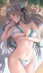 1girl absurdres alternate_costume bare_arms bare_shoulders bikini breasts cleavage collarbone commentary firefly_(honkai:_star_rail) green_pupils grey_hair hair_between_eyes hair_ornament hairband highres honkai:_star_rail honkai_(series) long_hair looking_at_viewer lying multicolored_eyes navel o-ring o-ring_bikini o-ring_bottom o-ring_top on_back shade shouhaku0512 solo stomach swimsuit thighs two-tone_eyes underboob white_hairband