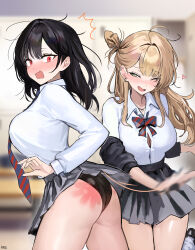 Rule 34 | 2girls, ^^^, absurdres, ass, black hair, black panties, blonde hair, blurry, blurry background, blush, bow, bowtie, breasts, button gap, commentary request, embarrassed, green eyes, grey skirt, haze (ohw8g), highres, indoors, jewelry, large breasts, long hair, multiple girls, necklace, necktie, one eye closed, original, panties, red eyes, school uniform, shirt, skirt, slap mark, slapping, striped bow, striped bowtie, striped clothes, striped necktie, underwear, white shirt, yuri